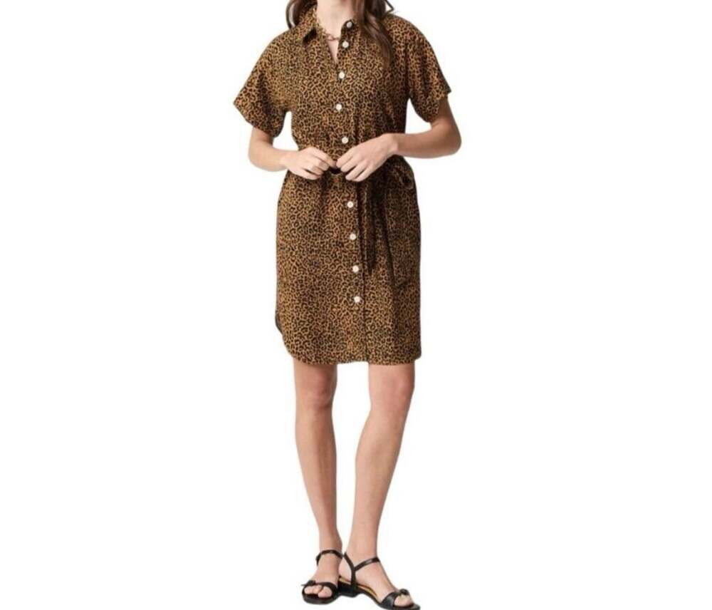 J.Crew Women's Leopard Print Linen-Blend Short-Sleeve Belted Shirtdress Size P L